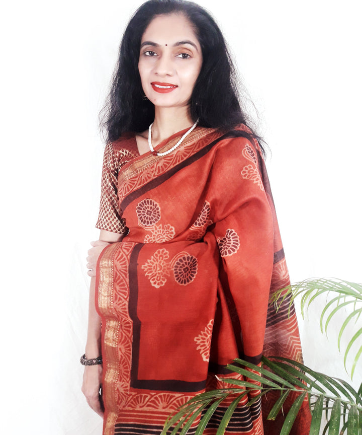 Orange hand printed silk ajrakh saree