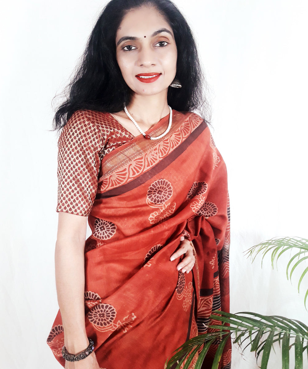 Orange hand printed silk ajrakh saree