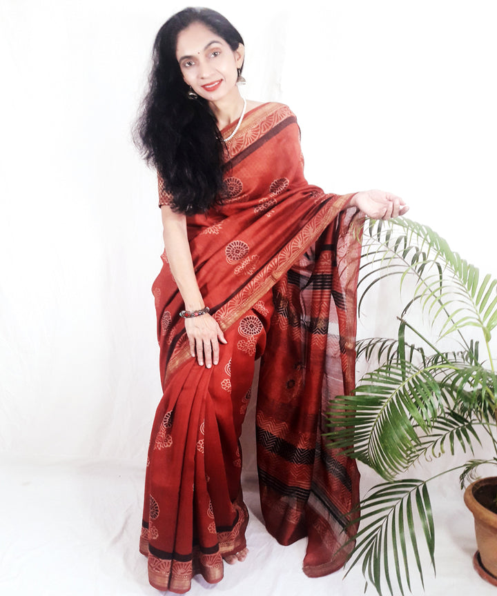 Orange hand printed silk ajrakh saree