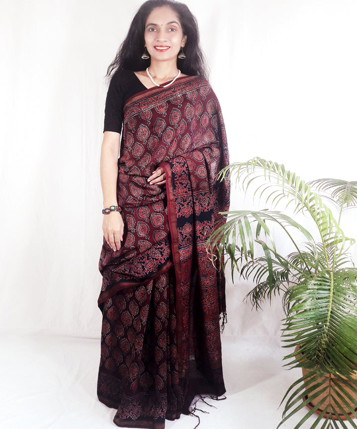 Dark onion purple hand block printed silk ajrakh saree