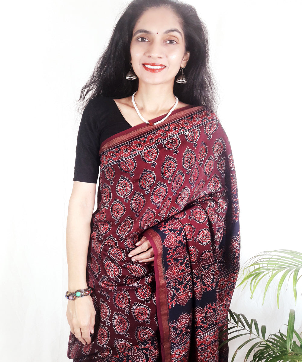 Dark onion purple hand block printed silk ajrakh saree