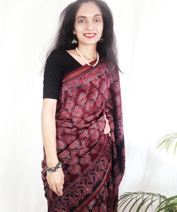 Dark onion purple hand block printed silk ajrakh saree