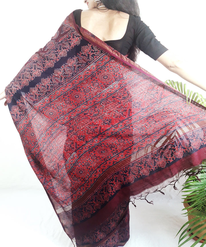 Dark onion purple hand block printed silk ajrakh saree