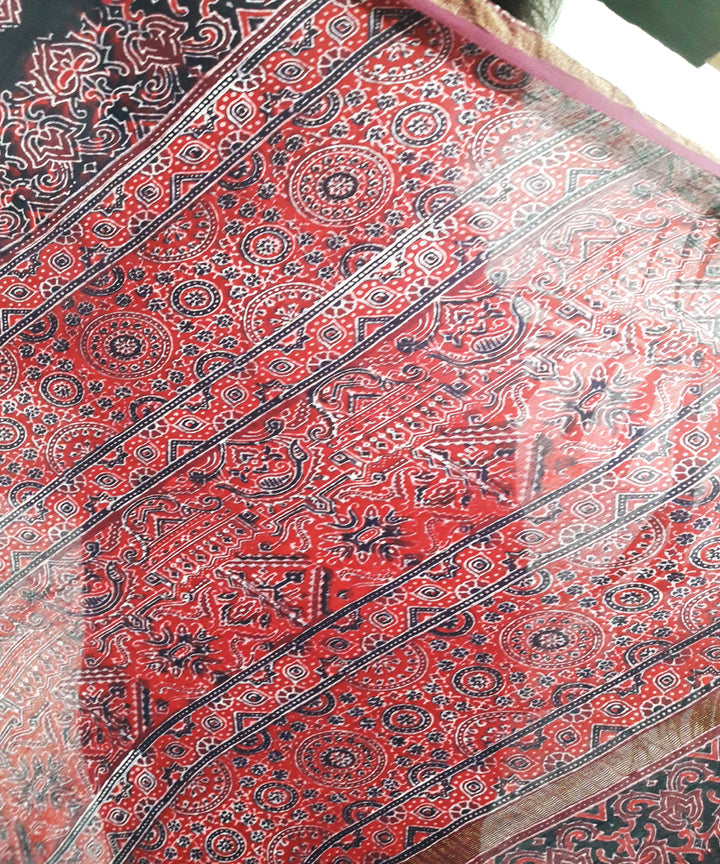 Dark onion purple hand block printed silk ajrakh saree