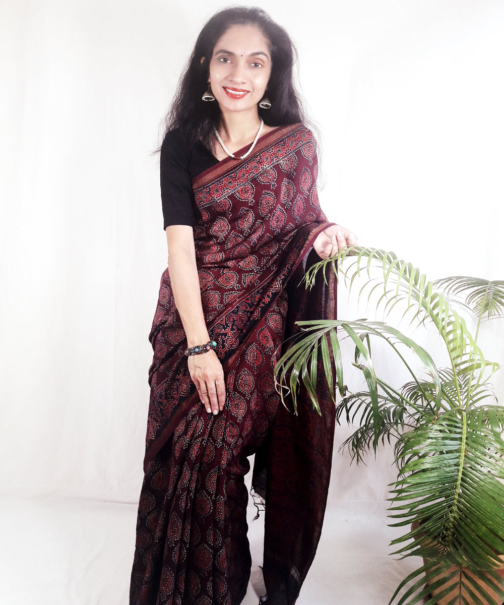 Dark onion purple hand block printed silk ajrakh saree