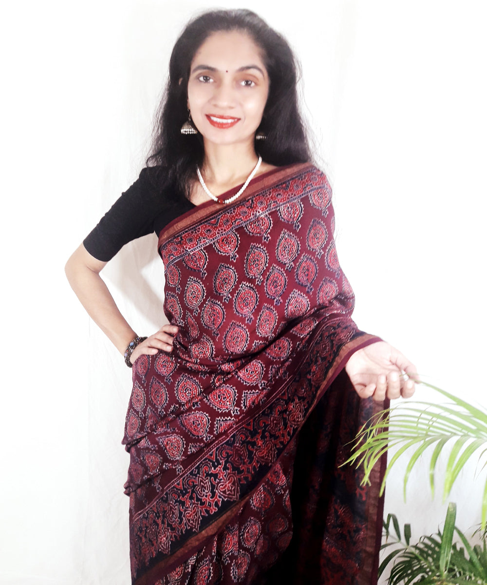 Dark onion purple hand block printed silk ajrakh saree