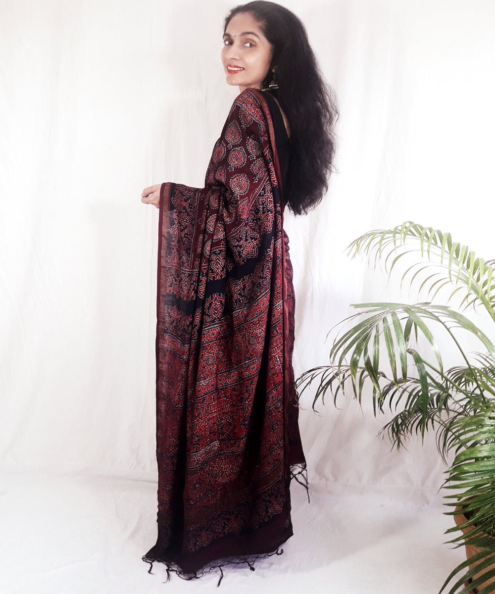 Dark onion purple hand block printed silk ajrakh saree