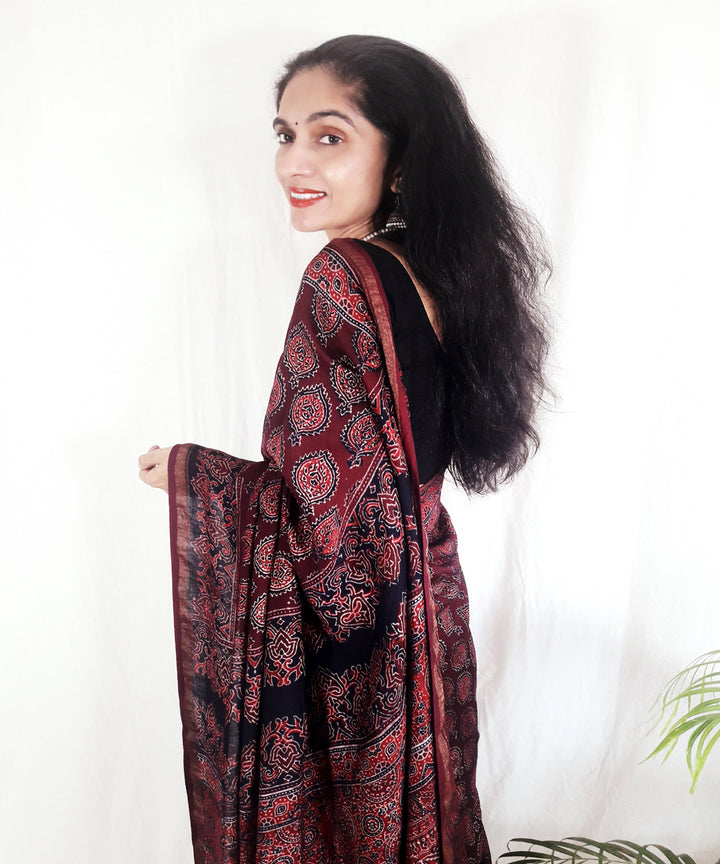 Dark onion purple hand block printed silk ajrakh saree