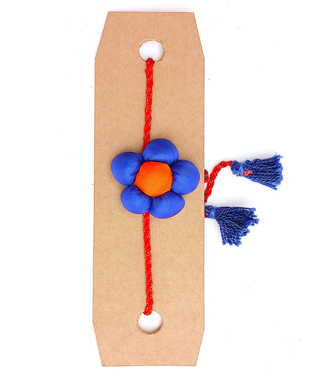 Handmade blue orange cotton silk threads boria flower adjustable rakhi