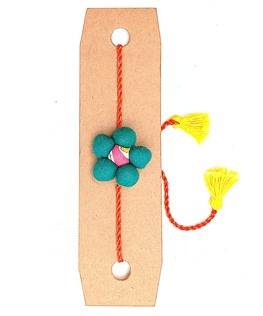 Handmade green cotton silk threads boria flower adjustable rakhi