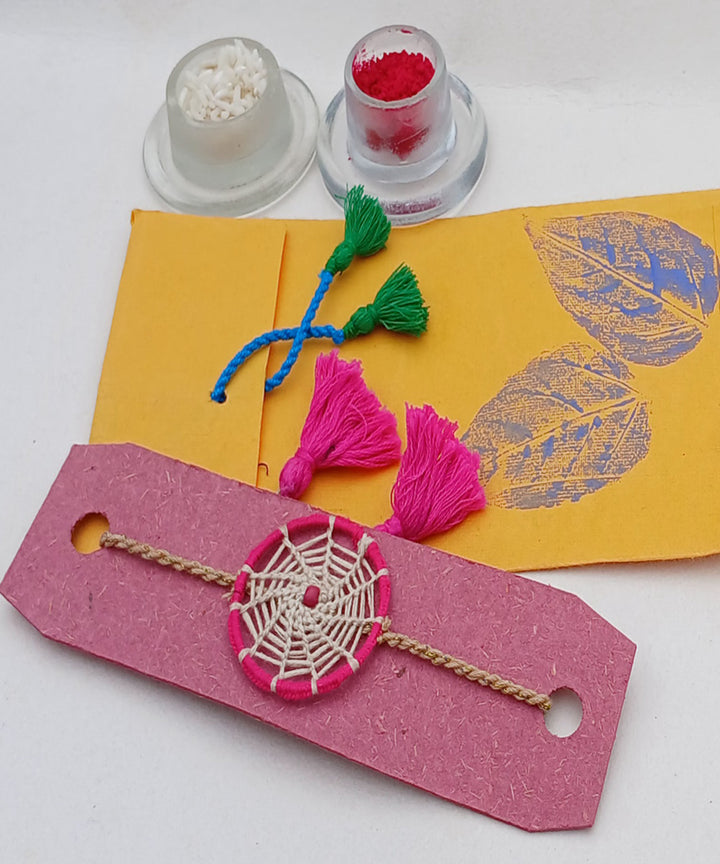 Handmade pink cotton silk threads dream catcher adjustable rakhi