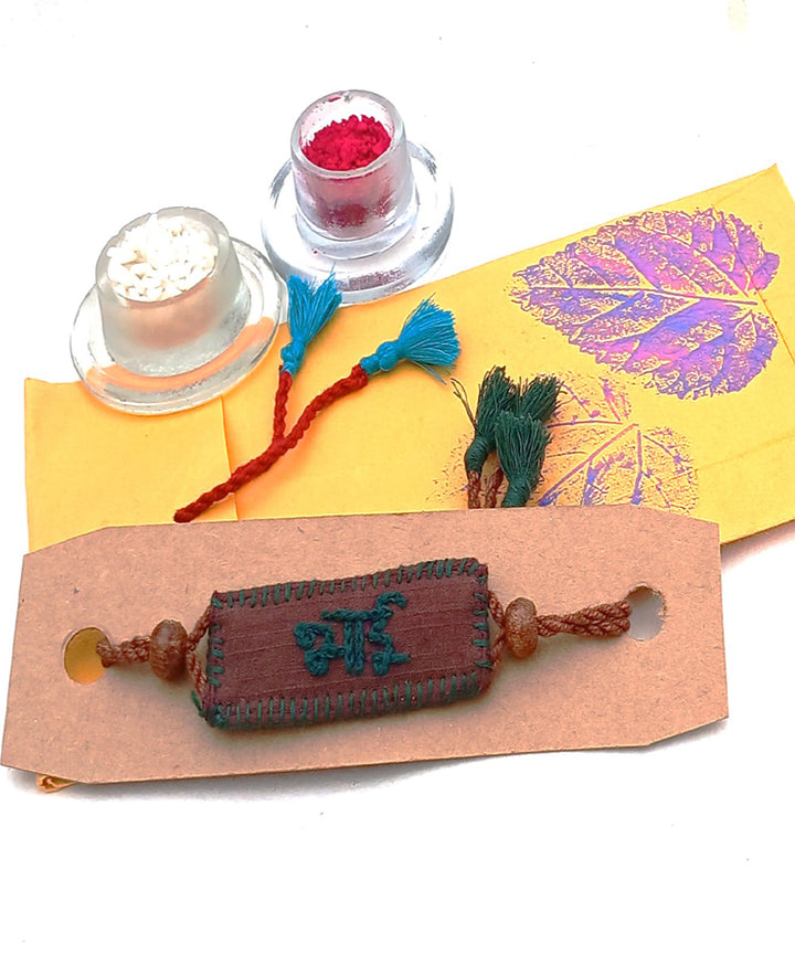 Handmade brown cotton silk threads embroidery adjustable rakhi