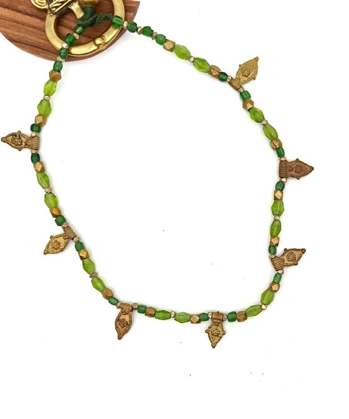 Green thread Handcrafted Golden Brass & Glass Beads Necklace