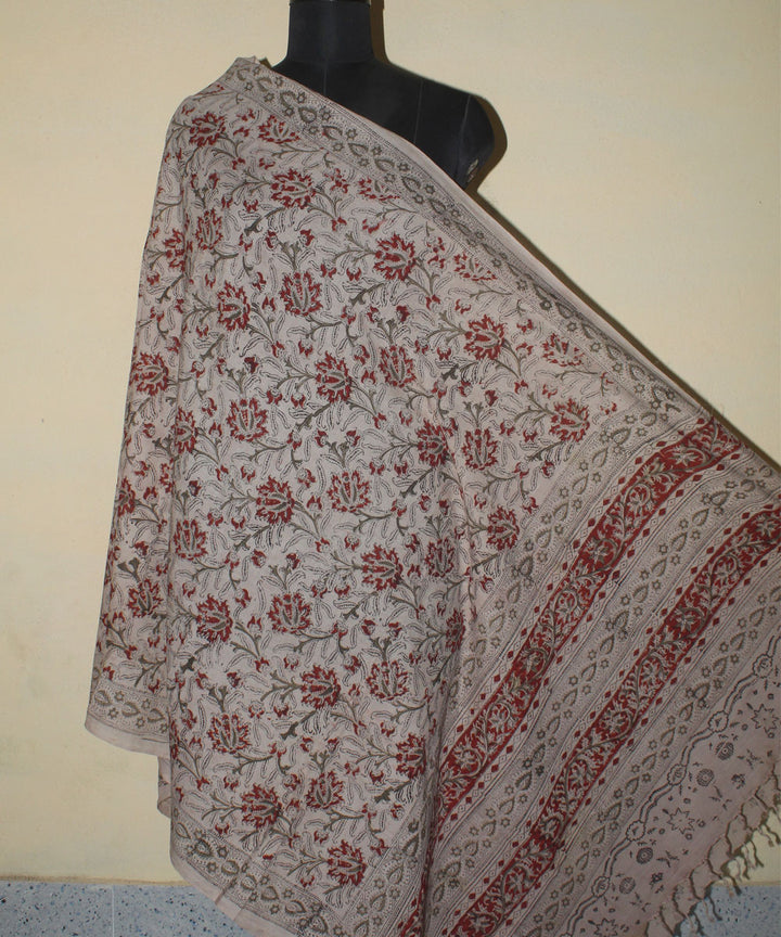 Beige maroon hand printed kalamkari cotton dupatta