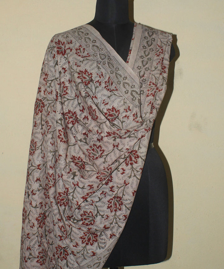 Beige maroon hand printed kalamkari cotton dupatta