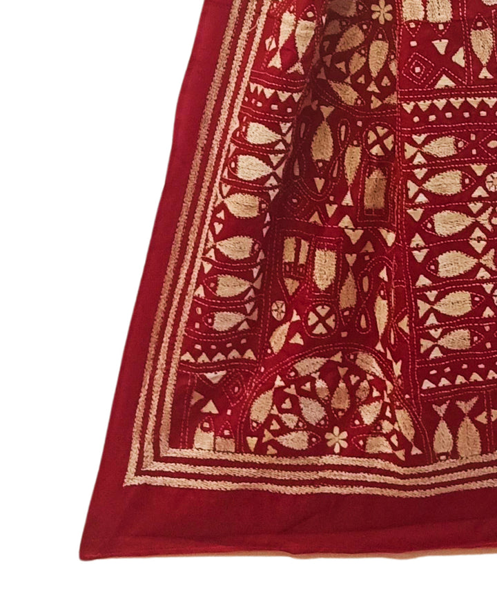 Red multicolor thread handwoven kantha stitched silk stole