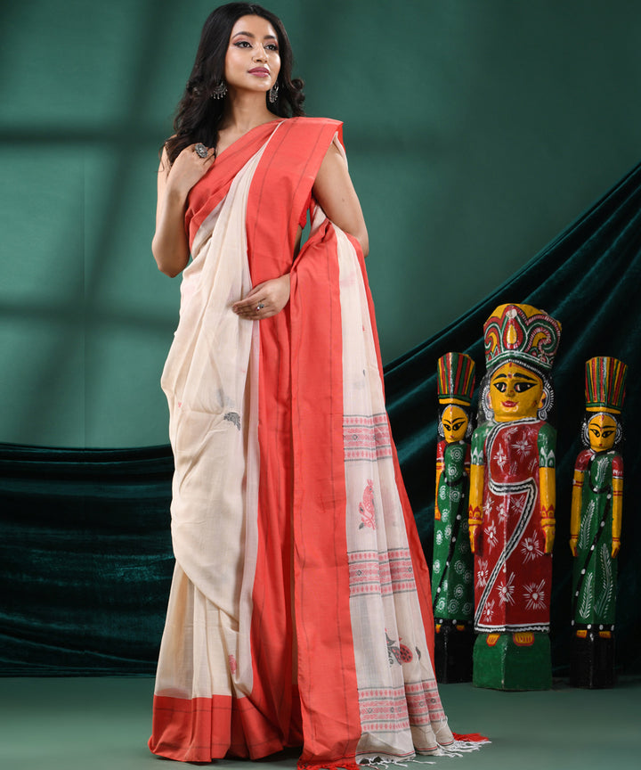 Cream red handloom cotton bengal saree