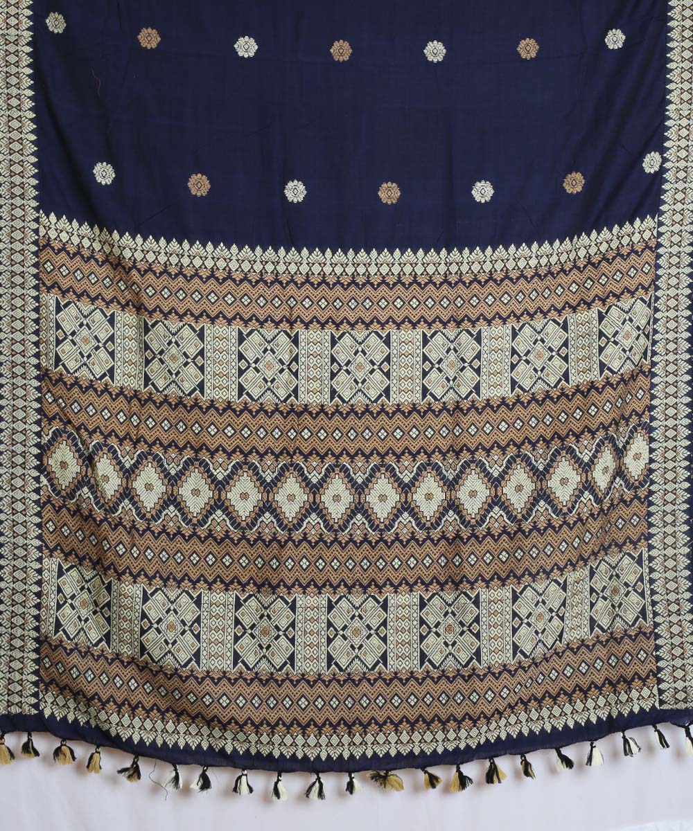 Navy blue white cotton handloom assam saree