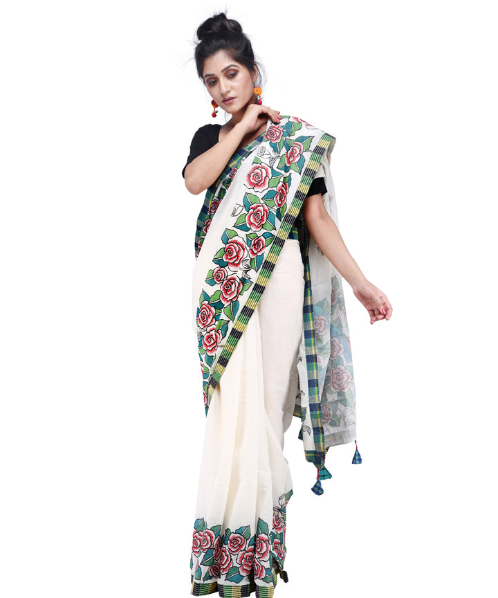 White light green cotton hand painted gamcha saree