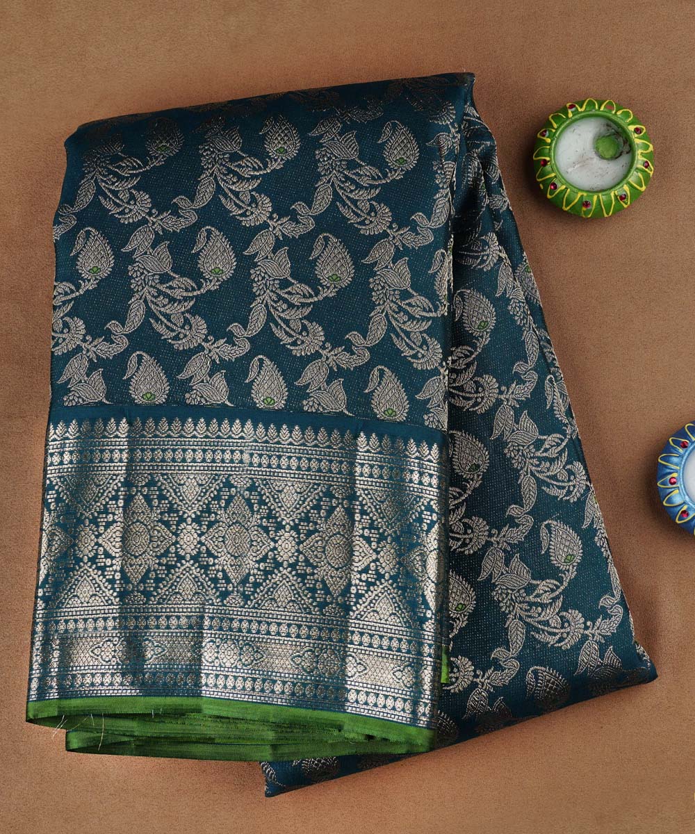 Bluish green handwoven kanjivaram silk saree