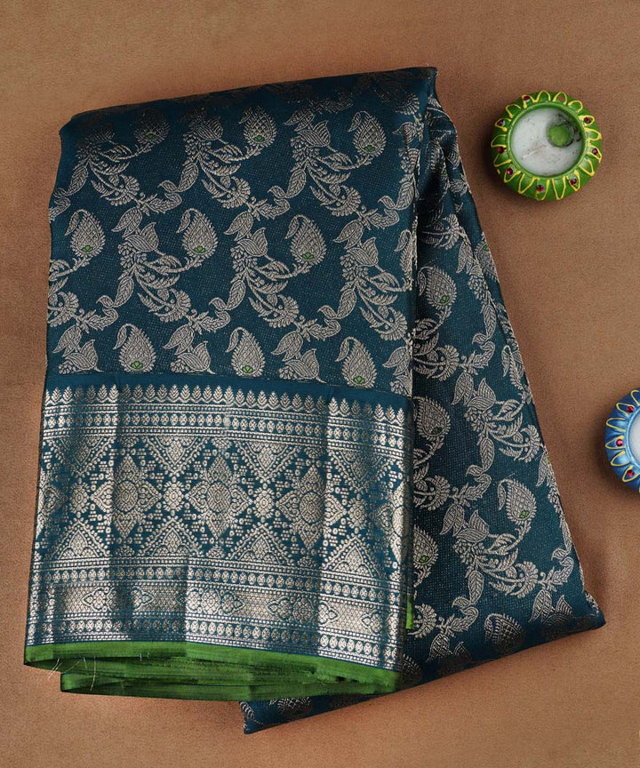 Bluish green handwoven kanjivaram silk saree