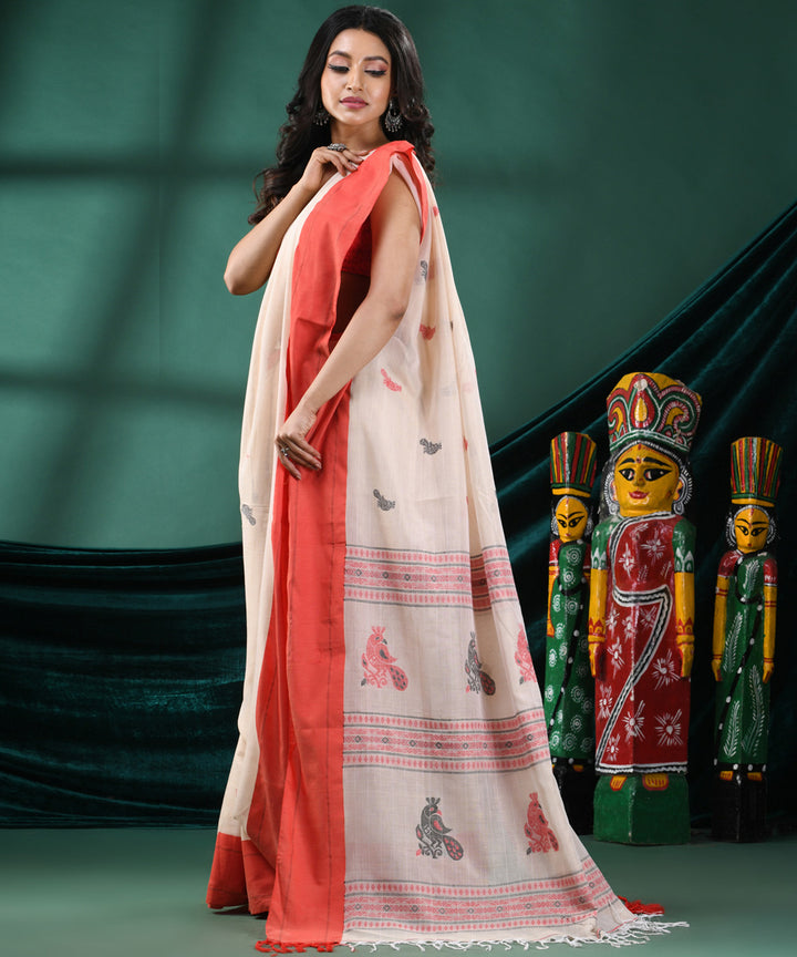 Cream red handloom cotton bengal saree