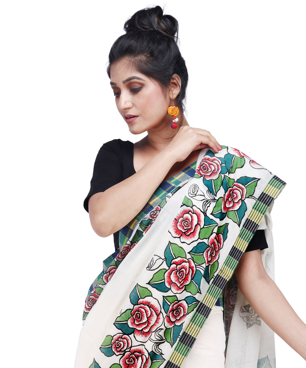 White light green cotton hand painted gamcha saree