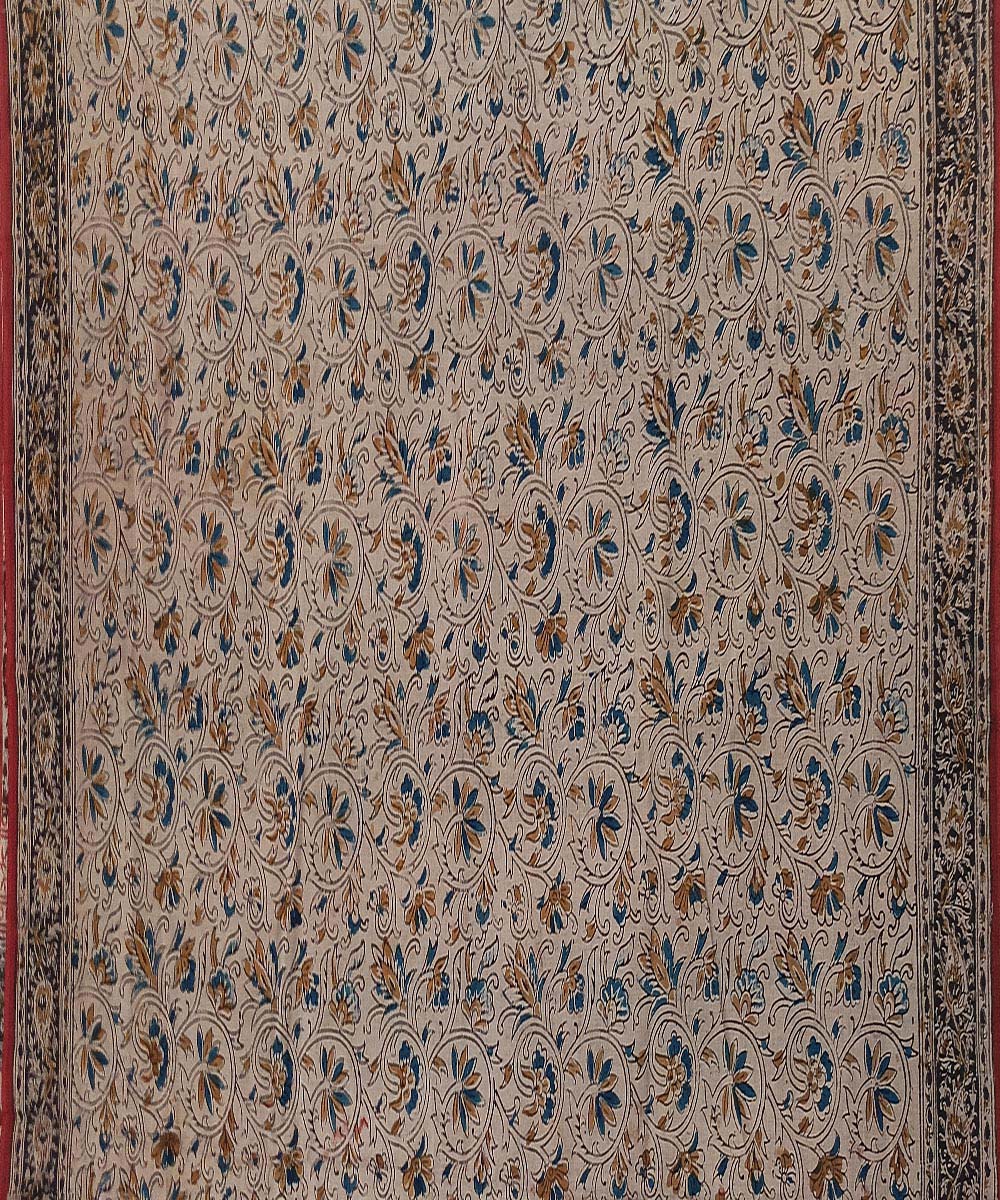 Offwhite black border cotton kalamkari hand printed saree