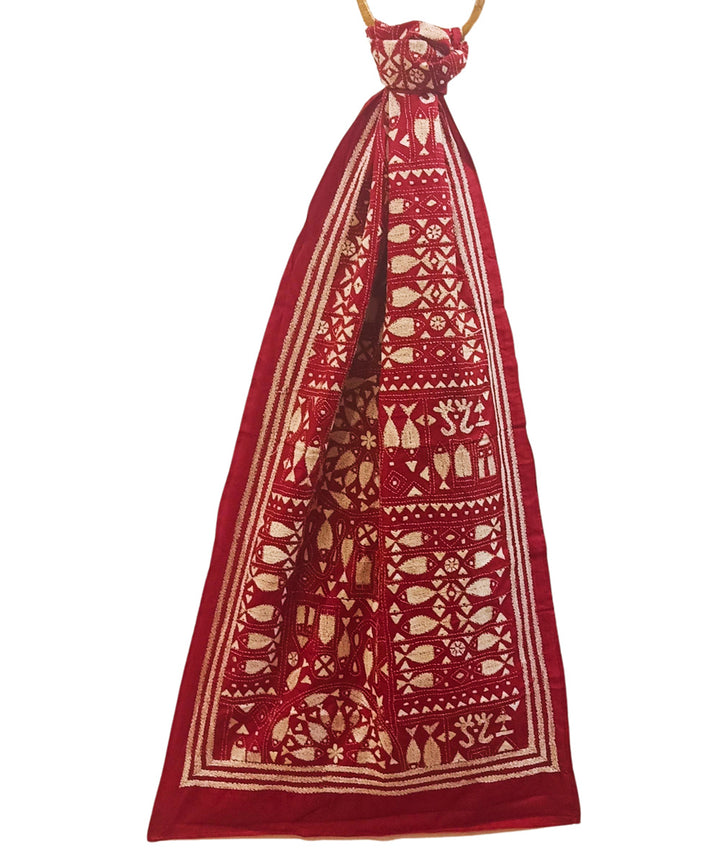 Red multicolor thread handwoven kantha stitched silk stole