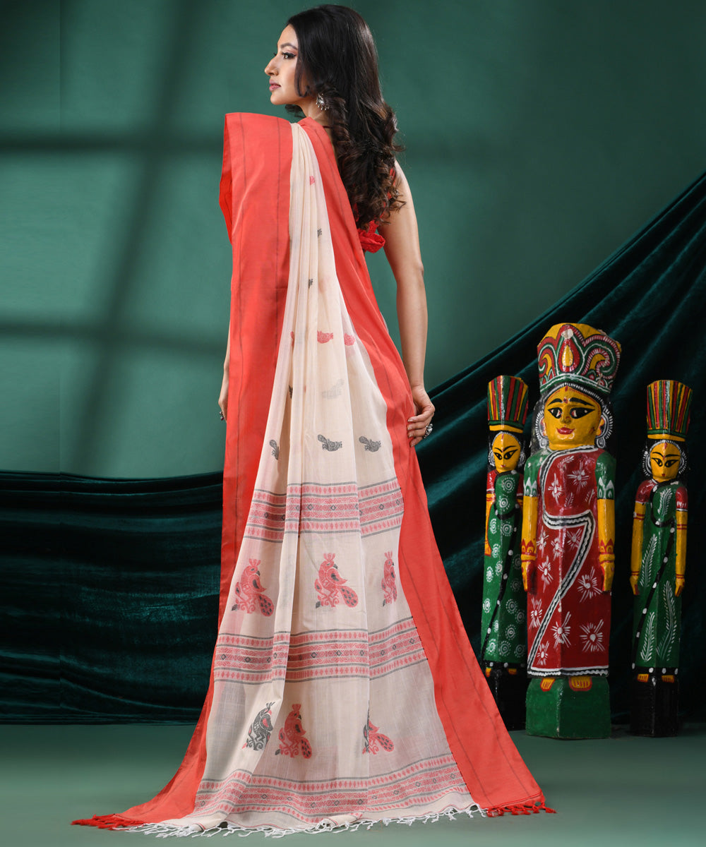 Cream red handloom cotton bengal saree