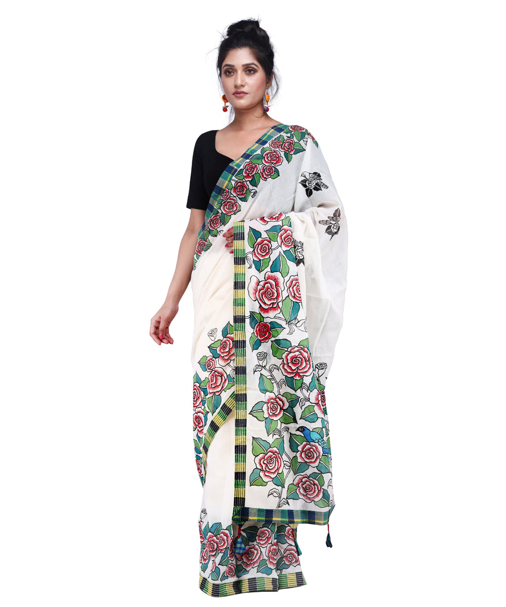 White light green cotton hand painted gamcha saree