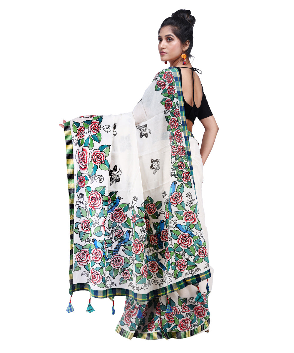 White light green cotton hand painted gamcha saree