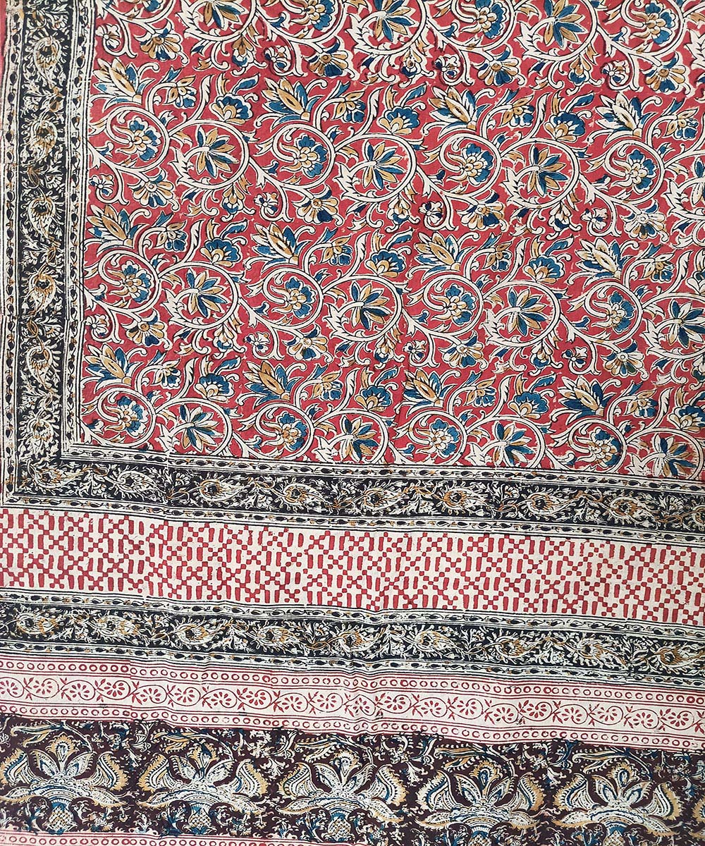 Offwhite black border cotton kalamkari hand printed saree