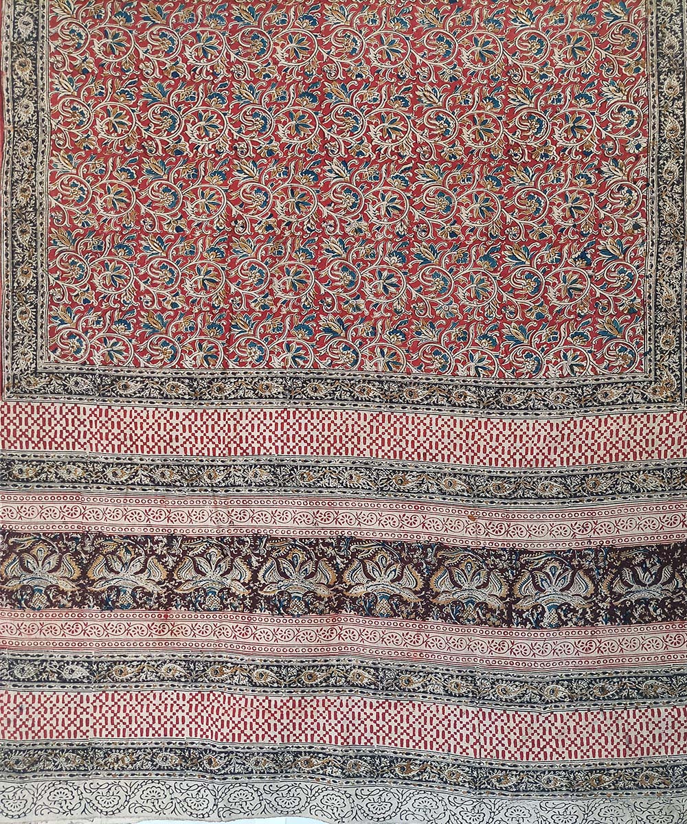 Offwhite black border cotton kalamkari hand printed saree