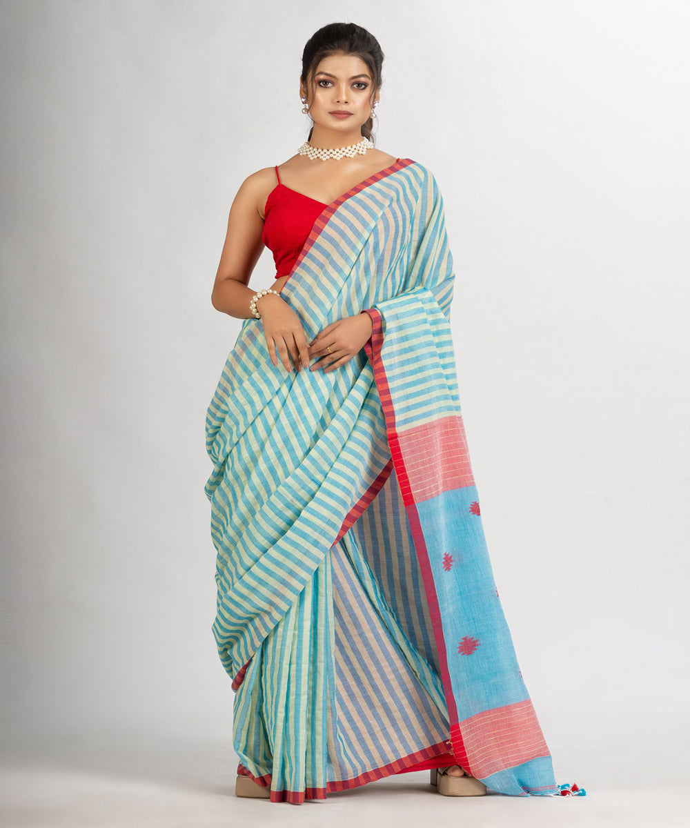 Pale blue striped handwoven cotton stripes bengal saree