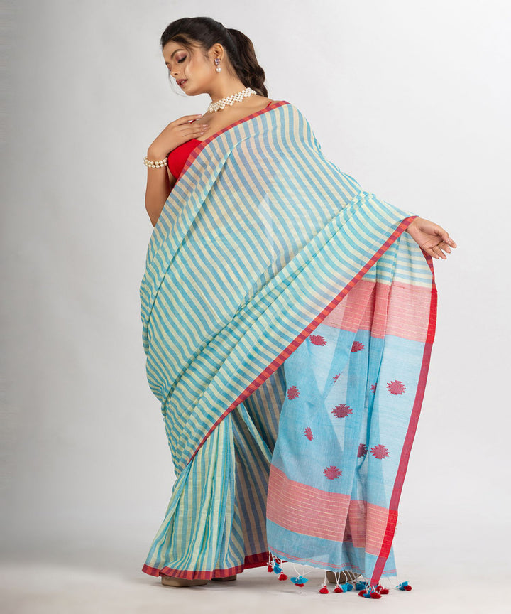 Pale blue striped handwoven cotton stripes bengal saree