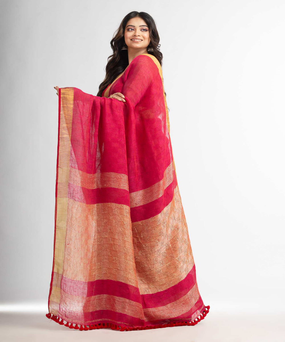 Rani pink handwoven bengal linen saree