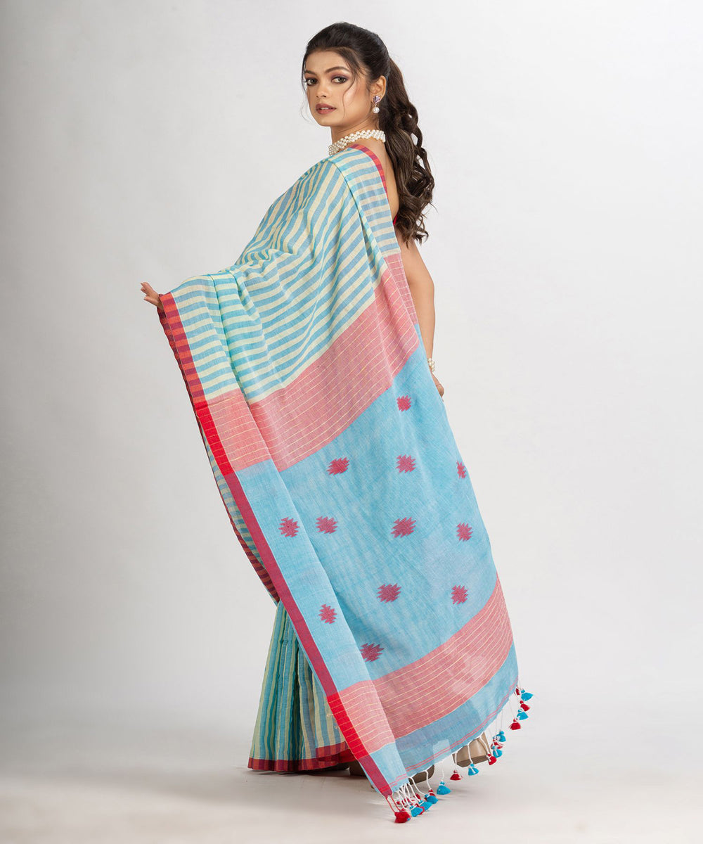 Pale blue striped handwoven cotton stripes bengal saree