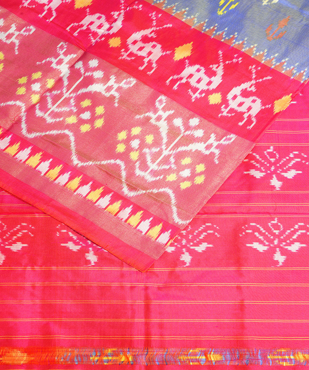 Grey red handwoven pochampally ikat silk saree