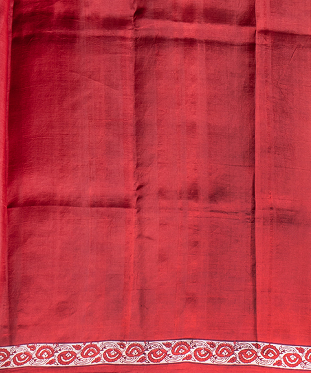 Red beige zari silk hand block printed saree