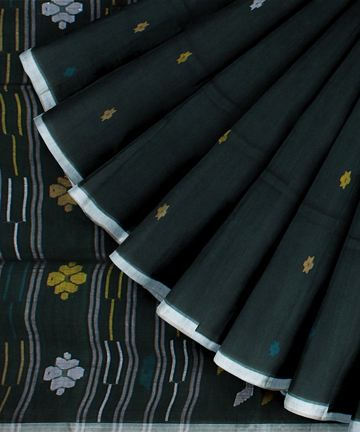 Dark green yellow handloom cotton bengal saree