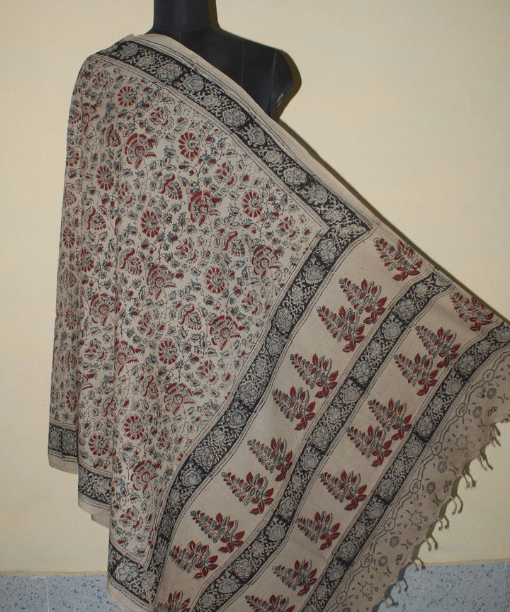 Beige cotton hand printed kalamkari dupatta