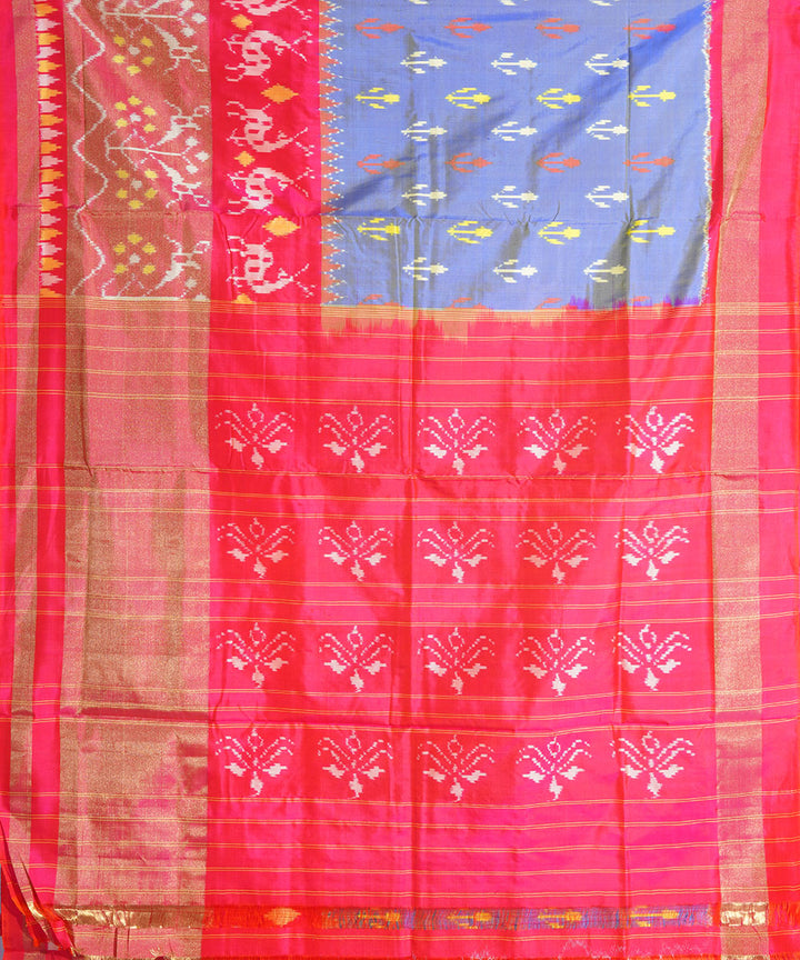 Grey red handwoven pochampally ikat silk saree