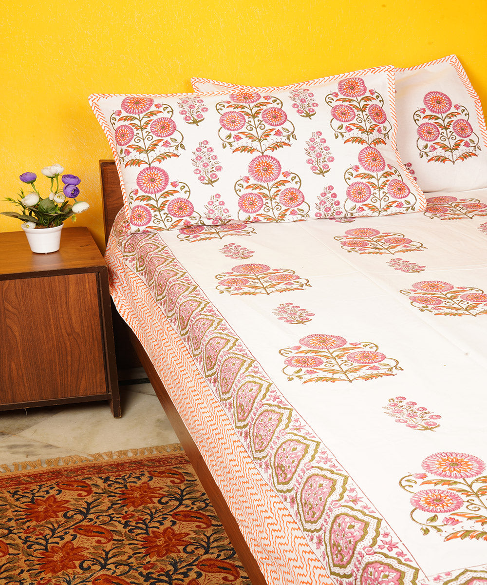 White base hand printed cotton double bedsheet
