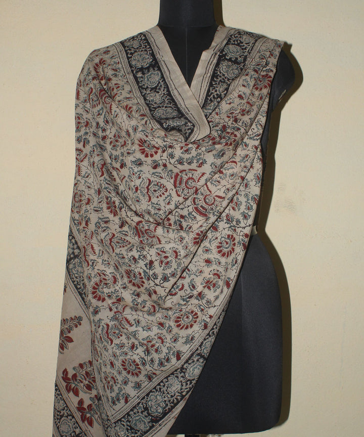 Beige cotton hand printed kalamkari dupatta