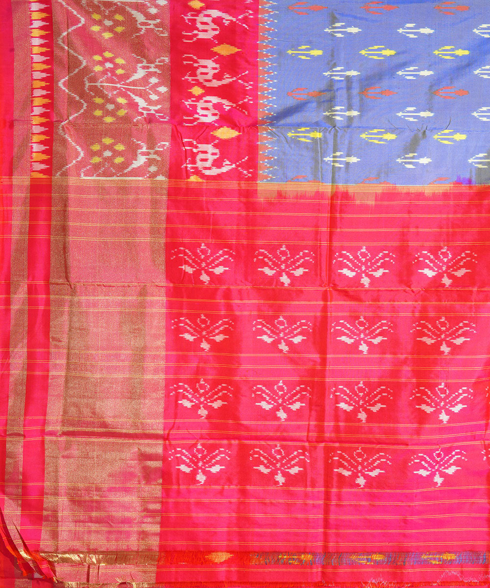 Grey red handwoven pochampally ikat silk saree