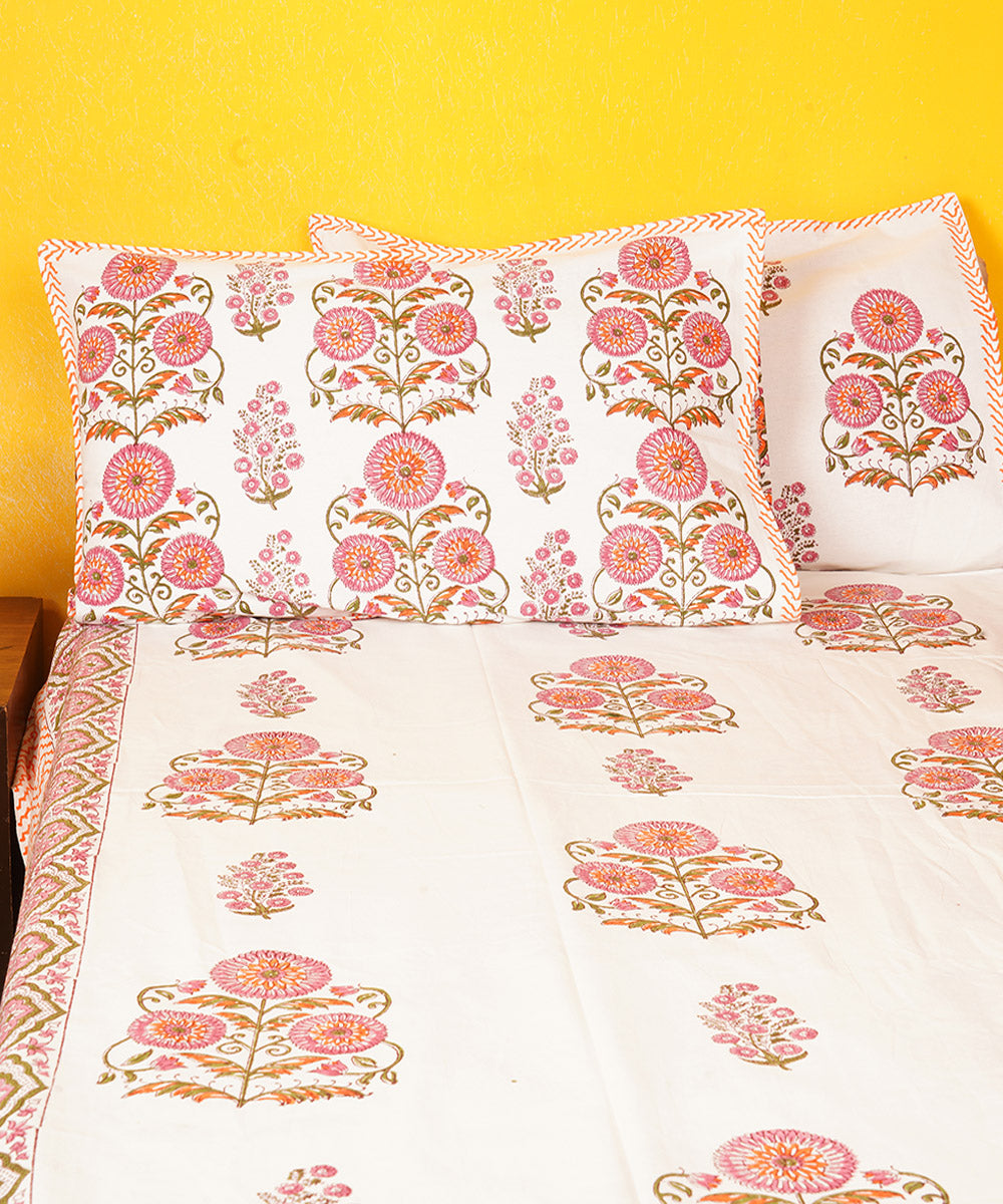 White base hand printed cotton double bedsheet