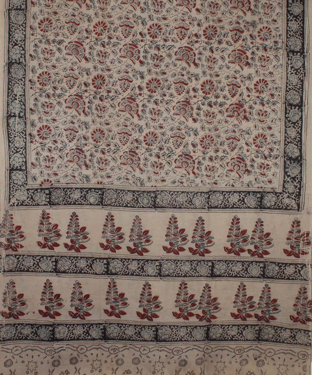 Beige cotton hand printed kalamkari dupatta