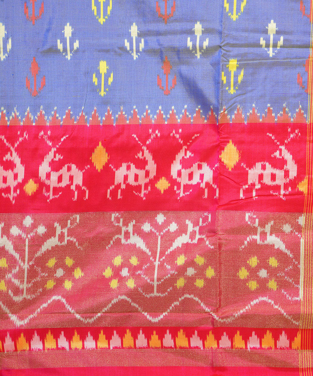 Grey red handwoven pochampally ikat silk saree