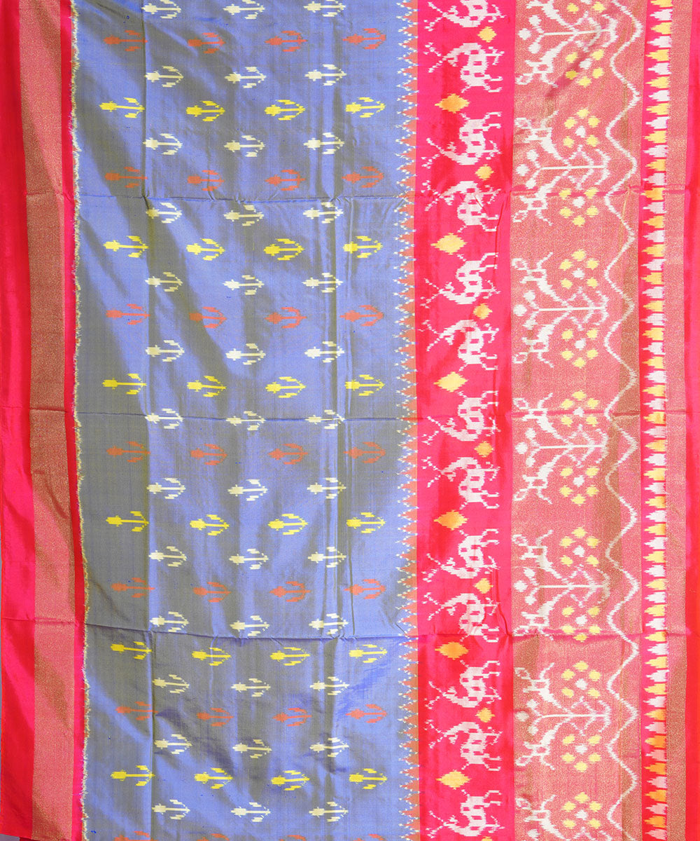 Grey red handwoven pochampally ikat silk saree